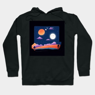 A whimsical cartoon landscape of a starry night sky with a bright full moon illuminating the landscape with in a box Hoodie